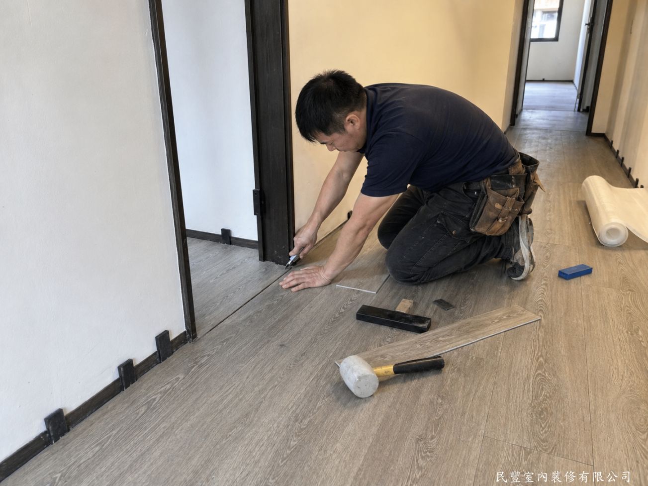 民豐室內裝修-超耐磨木地板-走廊、門框等轉角收邊需特別細心，師傅仔細裁切板材並安裝專用收邊條，確保每個角落整齊無縫。收邊細緻與否，正是民豐施工品質最直接的體現