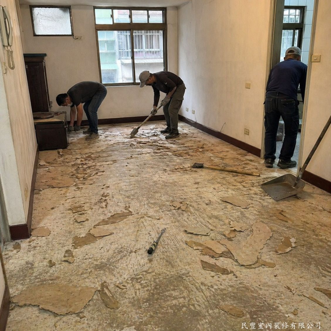 民豐室內裝修-超耐磨木地板-師傅以專業工具將舊地板全面拆除，現場保持整潔有序，拆除後徹底清理地面殘料，為後續打底整平作好完善準備