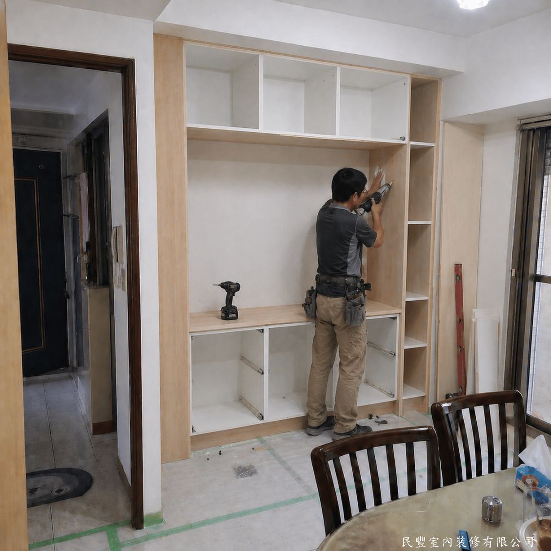 民豐室內裝修-餐廳收納櫃訂製翻新-上下各層格板隔間依序安裝，以電鑽鎖固確保每片隔板水平精準、結構穩固，形成清晰的上方收納區、中間展示區、下方抽屜區格局