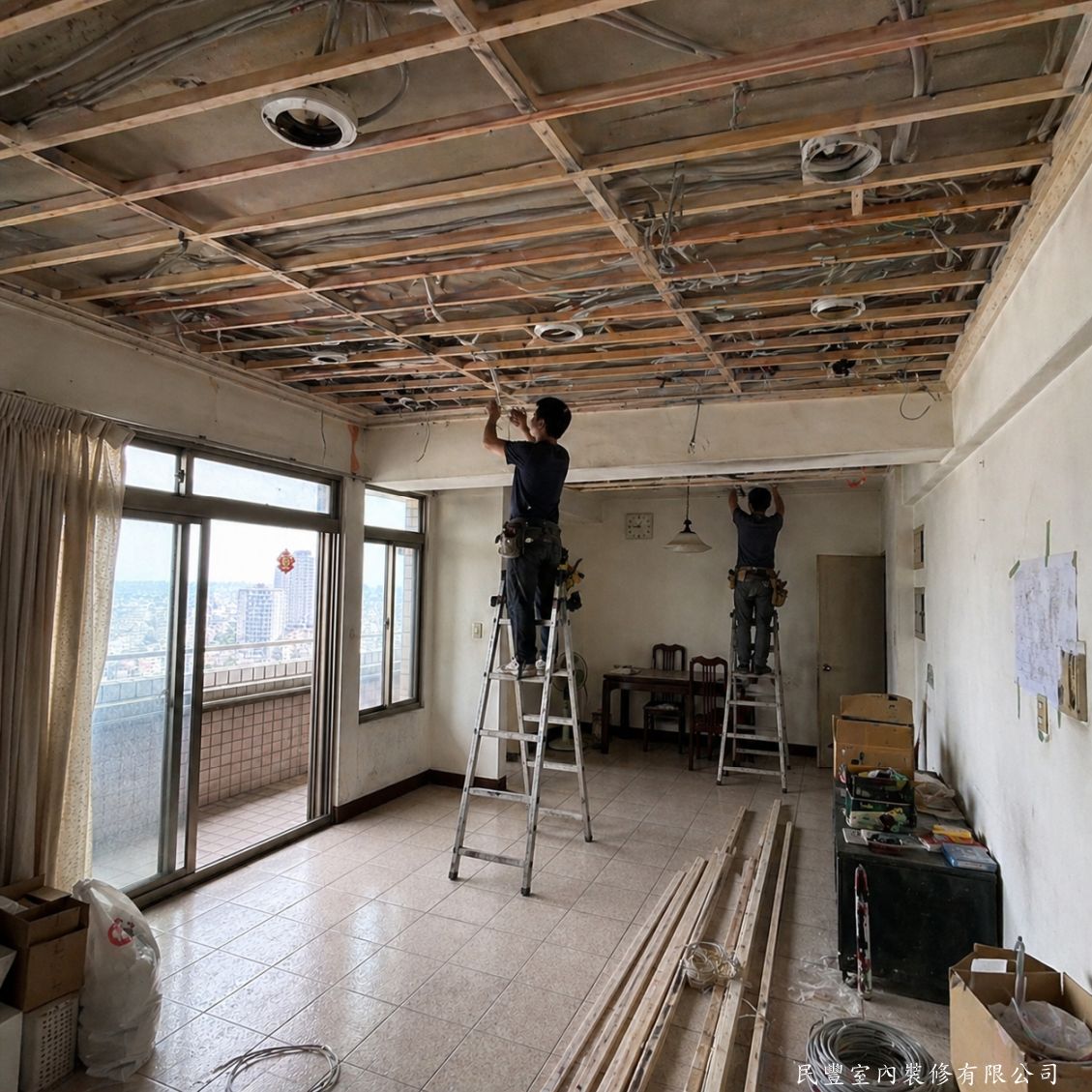 民豐室內裝修-客廳天花板木作平頂施作-舊天花板板材拆除後，裸露出原有老舊骨架結構。師傅仔細評估舊骨架狀況，確認全面拆除更換為新木角料骨架，確保新天花板結構安全穩固