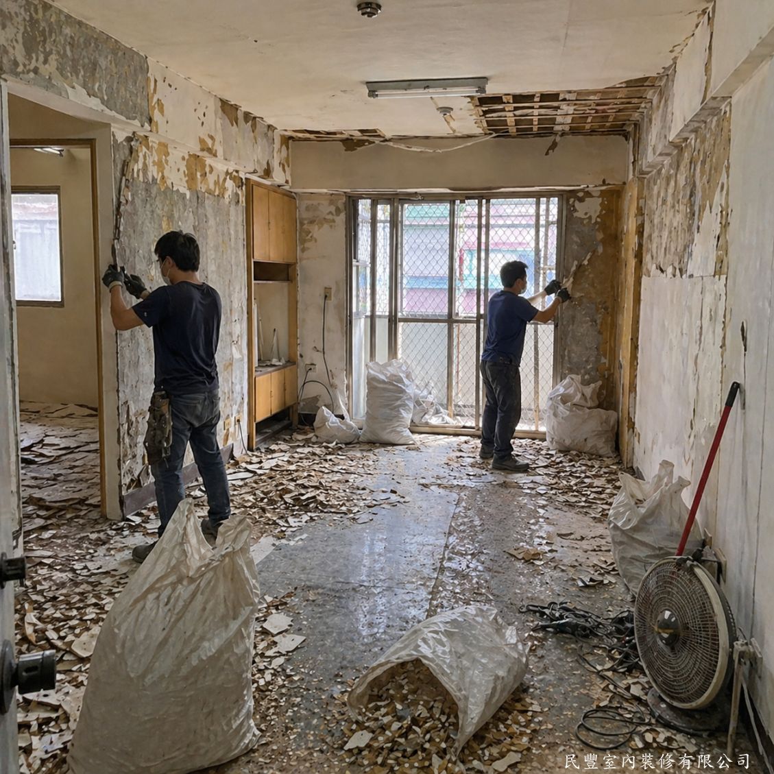 民豐室內裝修-客廳水電木作油漆地板暨浴室翻新-兩位師傅同步進行全室壁面舊漆剷除，確保後續批土粉刷能穩固附著，廢料以編織袋整理清運，維持工地整潔