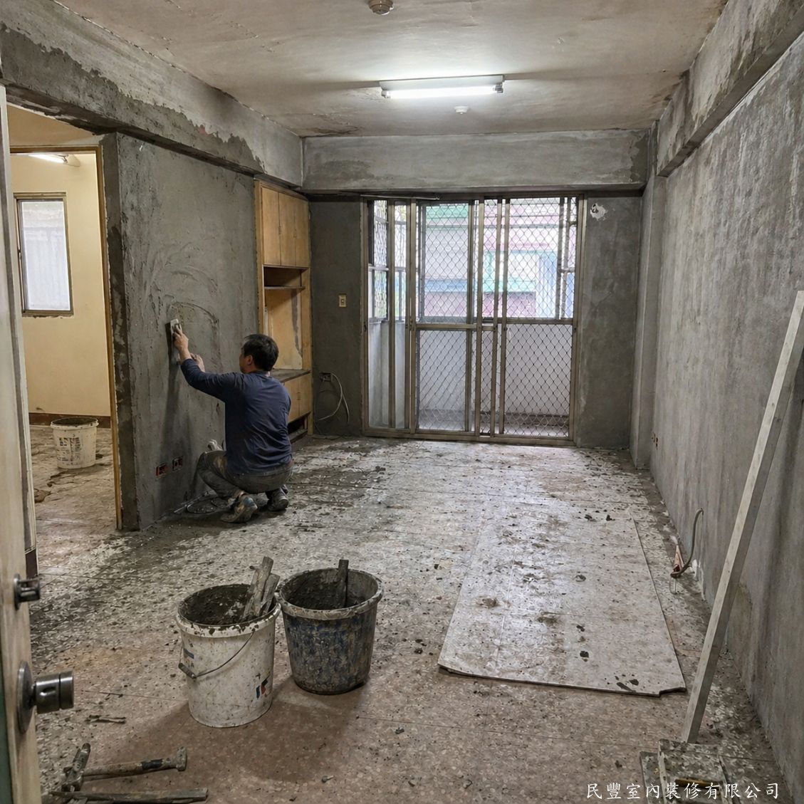 民豐室內裝修-客廳水電木作油漆地板暨浴室翻新-水電配管完成後，師傅以水泥砂漿對全室壁面進行粉刷打底，填補管線開槽，建立平整基礎，為後續油漆作業做準備