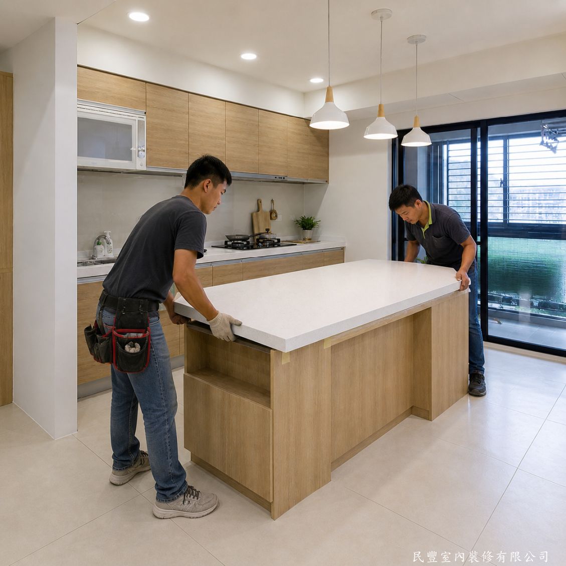 民豐室內裝修-廚房木作中島餐桌訂製施作-兩位師傅合力將白色人造石檯面穩穩放置於木紋中島頂部，細心對齊四邊，確保檯面與下方櫃體完美契合，接縫密合美觀，表面平整光滑