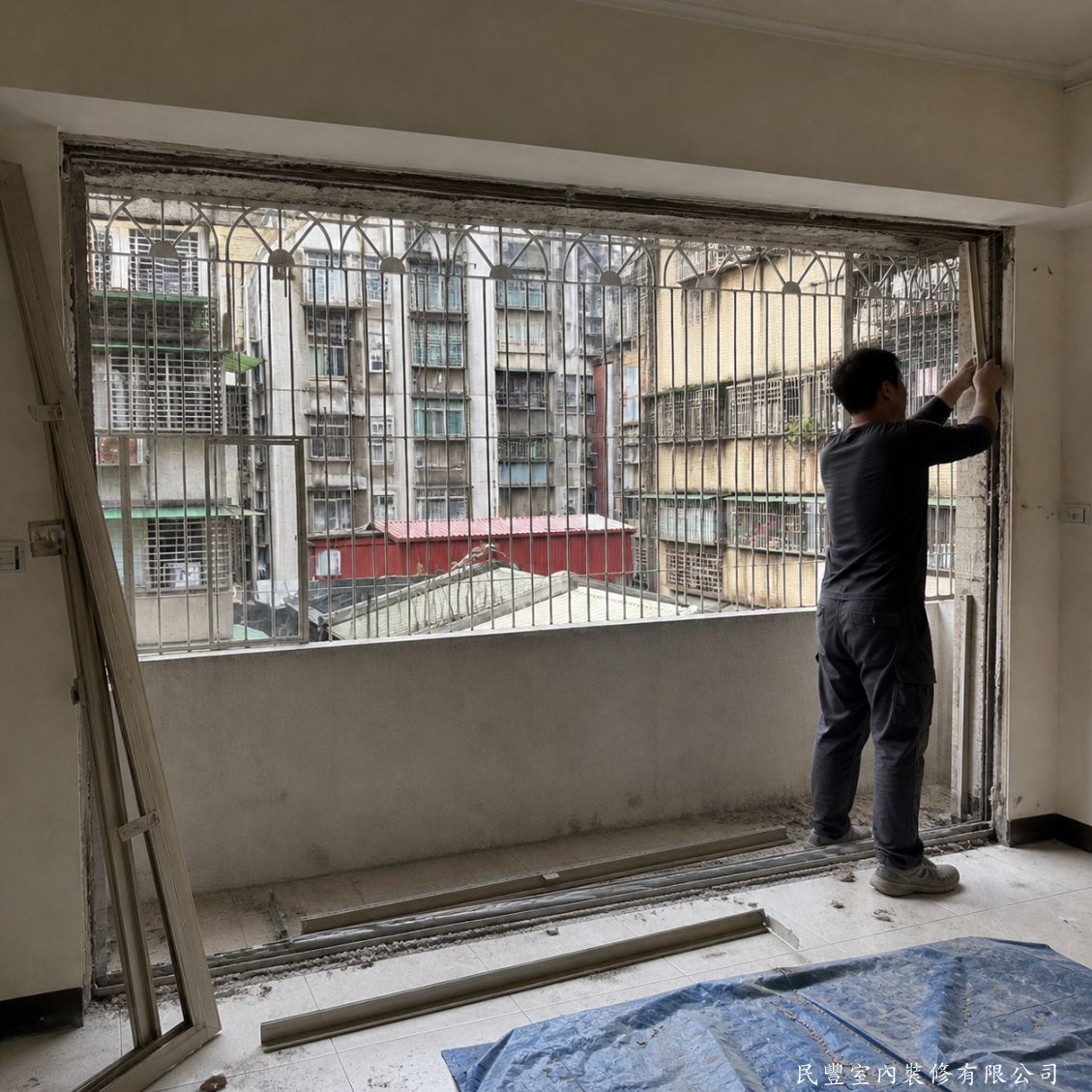民豐室內裝修-客廳舊鋁窗拆除更換深灰細框橫拉窗-師傅將舊鋁窗片先行移除，再以工具謹慎拆除殘餘舊窗框，地板鋪設保護墊防止碎料損傷，廢料清運有序，為新窗安裝建立乾淨作業面