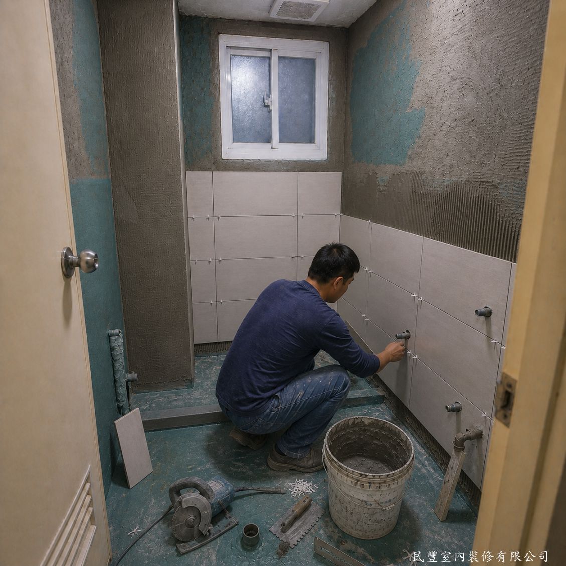 民豐室內裝修-浴室磁磚拆除防水重貼加玻璃淋浴拉門-防水層完成後，師傅以白色大板壁磚逐片貼設，縫隙以十字定位器精確控制，水平垂直精準到位，整齊美觀，質感現代