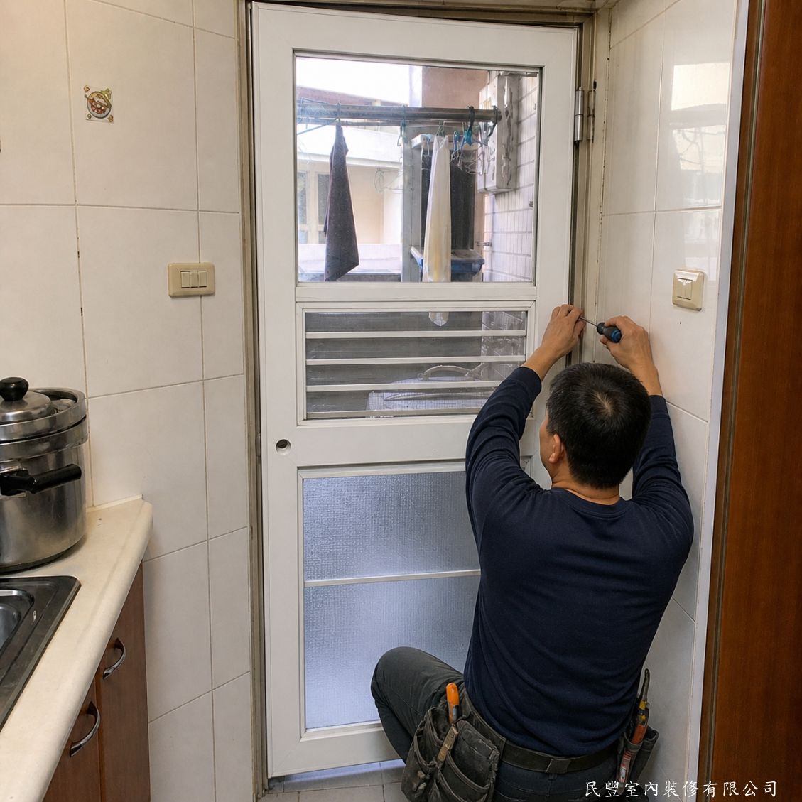 民豐室內裝修-廚房後陽台舊鋁門更換三合一通風門-門框校正確認後，師傅以電鑽逐一鎖緊固定螺絲，確保門框與牆體穩固結合不鬆動。三合一通風門三層設計清晰可見：上透明玻璃、中百葉通風格、下百葉隱私板