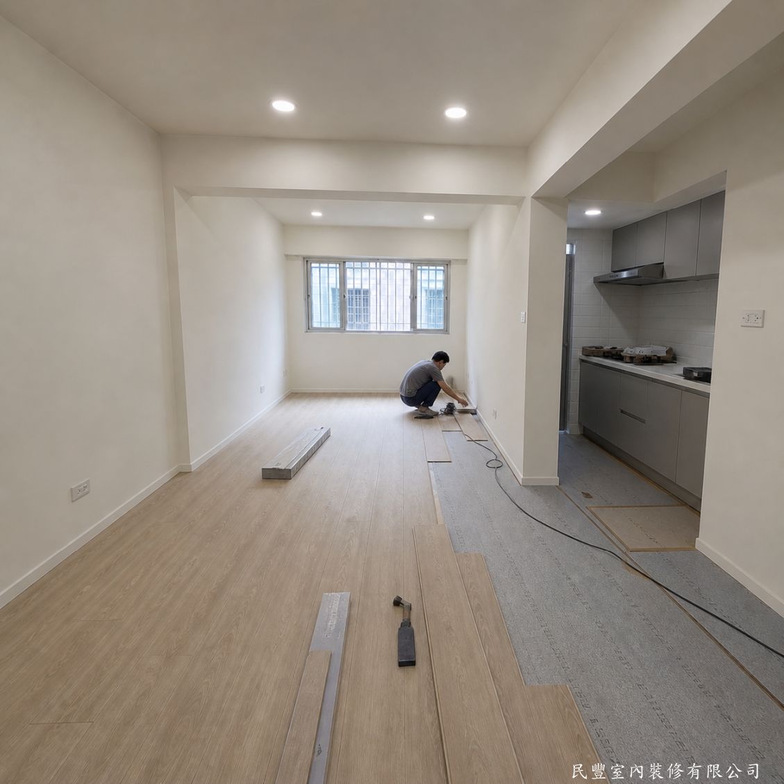 民豐室內裝修-衛浴翻新工程-客廳與各空間鋪設超耐磨木地板，材質穩定耐用，紋理自然溫潤，搭配踢腳板收邊施作，整體視覺溫馨舒適，大幅提升空間質感與居住舒適度