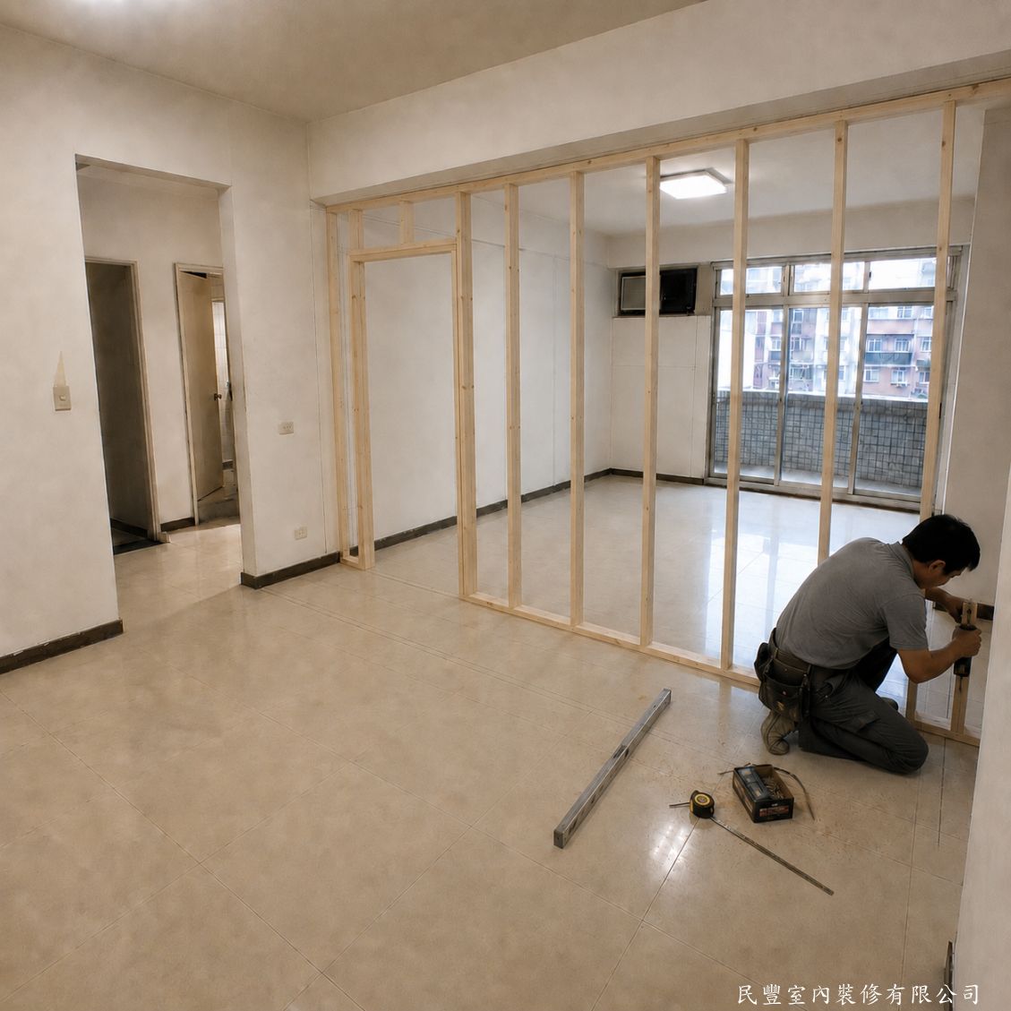 民豐室內裝修-木作隔間01-以優質角材於墨線位置固定頂底框,等間距立設骨架柱,確保隔間骨架水平垂直、結構穩固紮實,為後續封板作業打下良好基礎