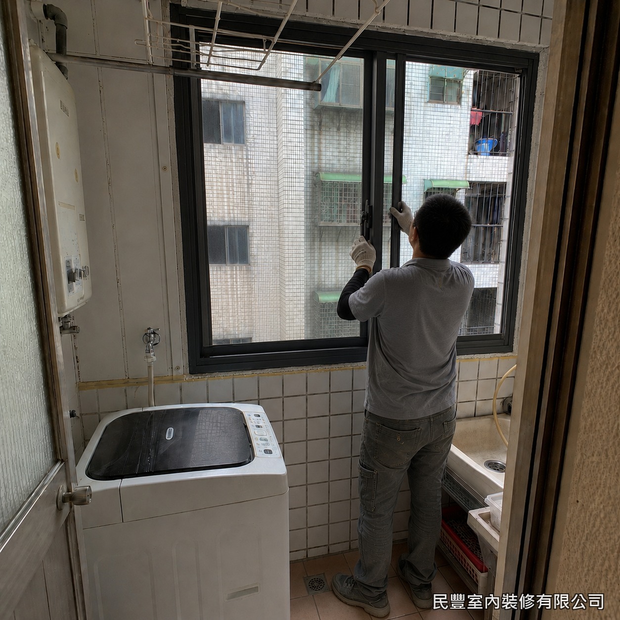 民豐室內裝修-氣密窗-針對閒置冷氣孔以紅磚與水泥砂漿分層填補封實,確保封補處與原牆面結構緊密結合,杜絕漏水與蟲害縫隙