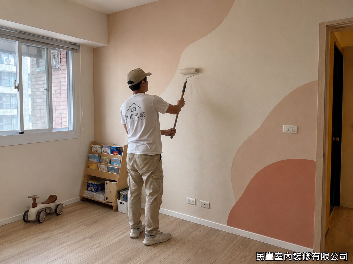 民豐室內裝修-兒童房彩色牆-師傅熟練地以滾筒刷繪製奶茶色與玫瑰棕漸層波浪曲線圖案，每條弧線流暢自然，搭配橄欖綠下半部及精緻葉片裝飾，為兒童房注入自然清新的溫暖設計感