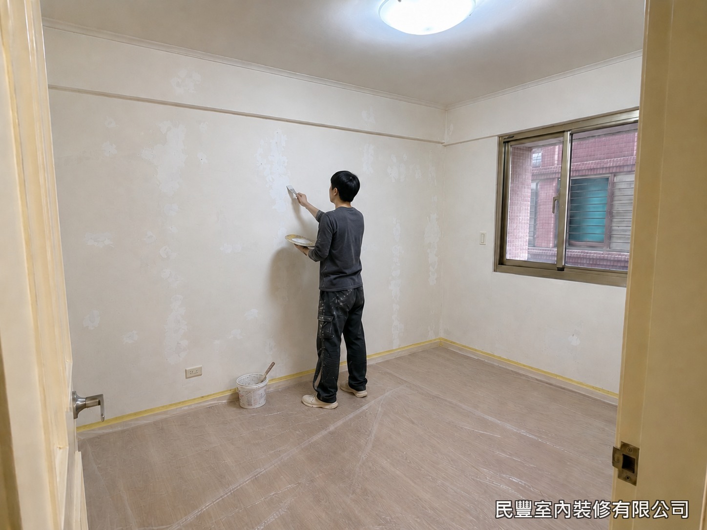 民豐室內裝修-全室牆面刷漆-針對牆面裂縫、釘孔與凹洞逐一批土填補，師傅手工刮塗確實，特別加強窗框與牆角等易裂部位。批土選用優質材料，乾燥後不易收縮龜裂