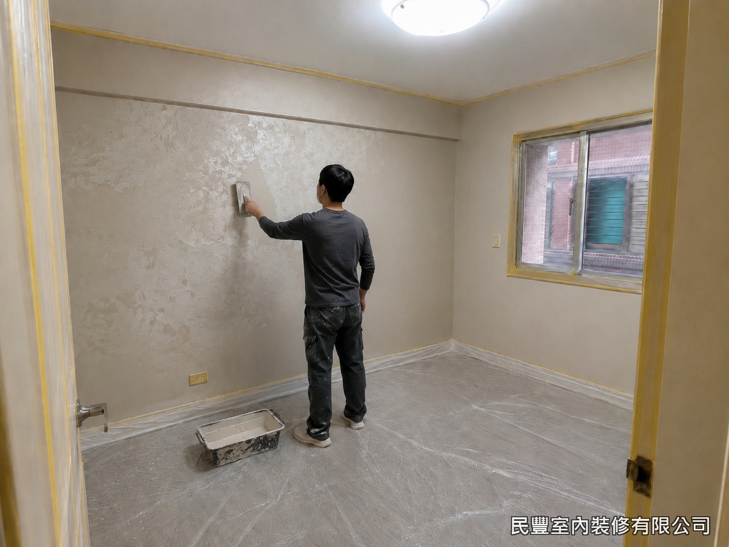 民豐室內裝修-全室牆面刷漆-大面積牆面進行第二道全面批土，以大刮刀均勻抹平，將細微波浪與接縫痕跡完全消除。此道工序是牆面細緻度的關鍵，師傅以豐富經驗控制批土厚薄一致