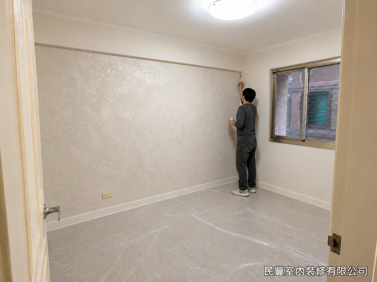 民豐室內裝修-全室牆面刷漆-完工前全室巡檢，以近距離光照檢視牆面，針對細微瑕疵當場修補，天花板與牆面交界處仔細整理，堅持把品質做到位才交屋