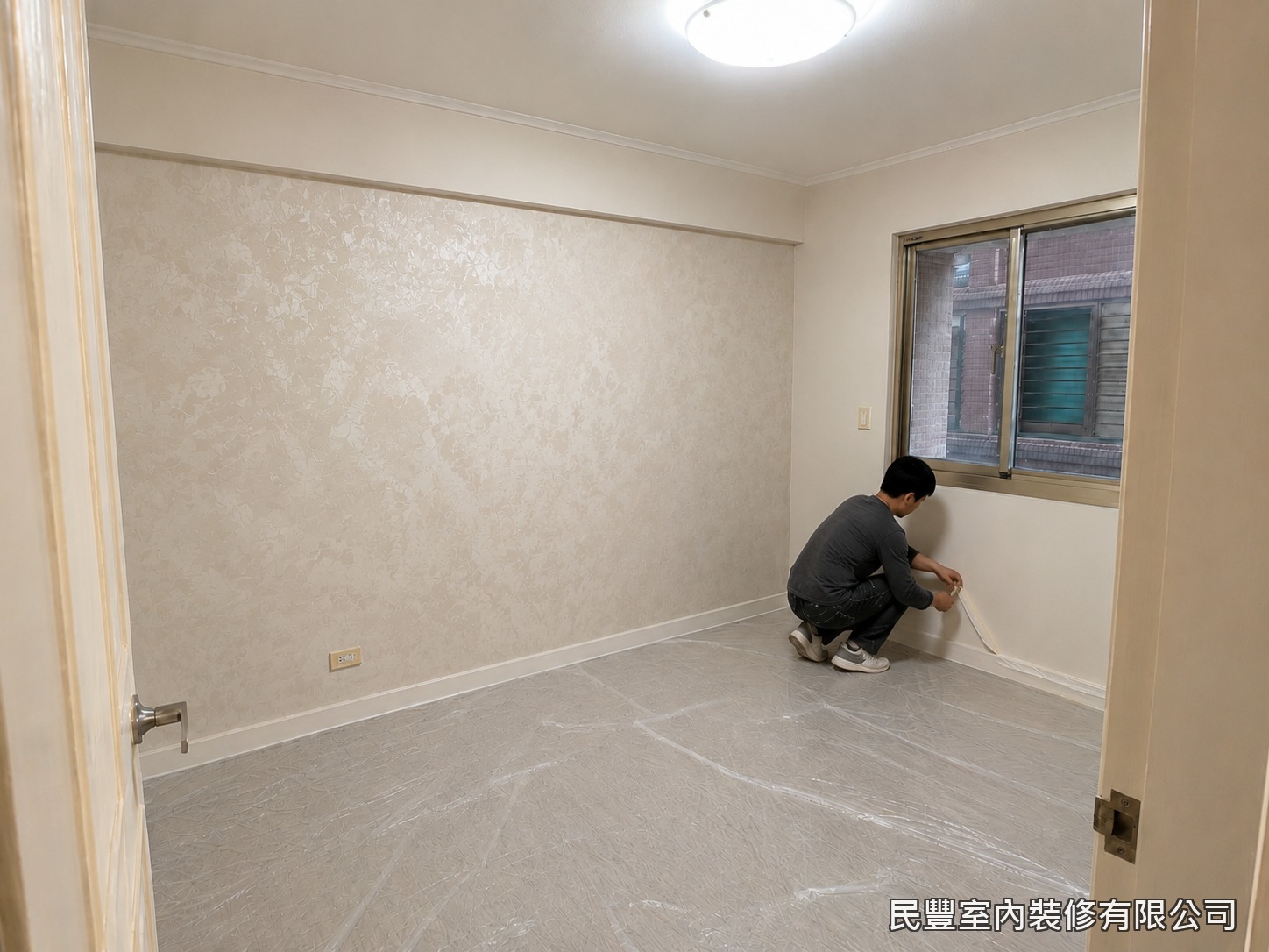 民豐室內裝修-全室牆面刷漆-漆面乾燥後小心撕除踢腳與窗框遮蔽膠帶，檢查交界線條是否筆直俐落，邊角細節逐一修飾，確保每個收邊都乾淨漂亮