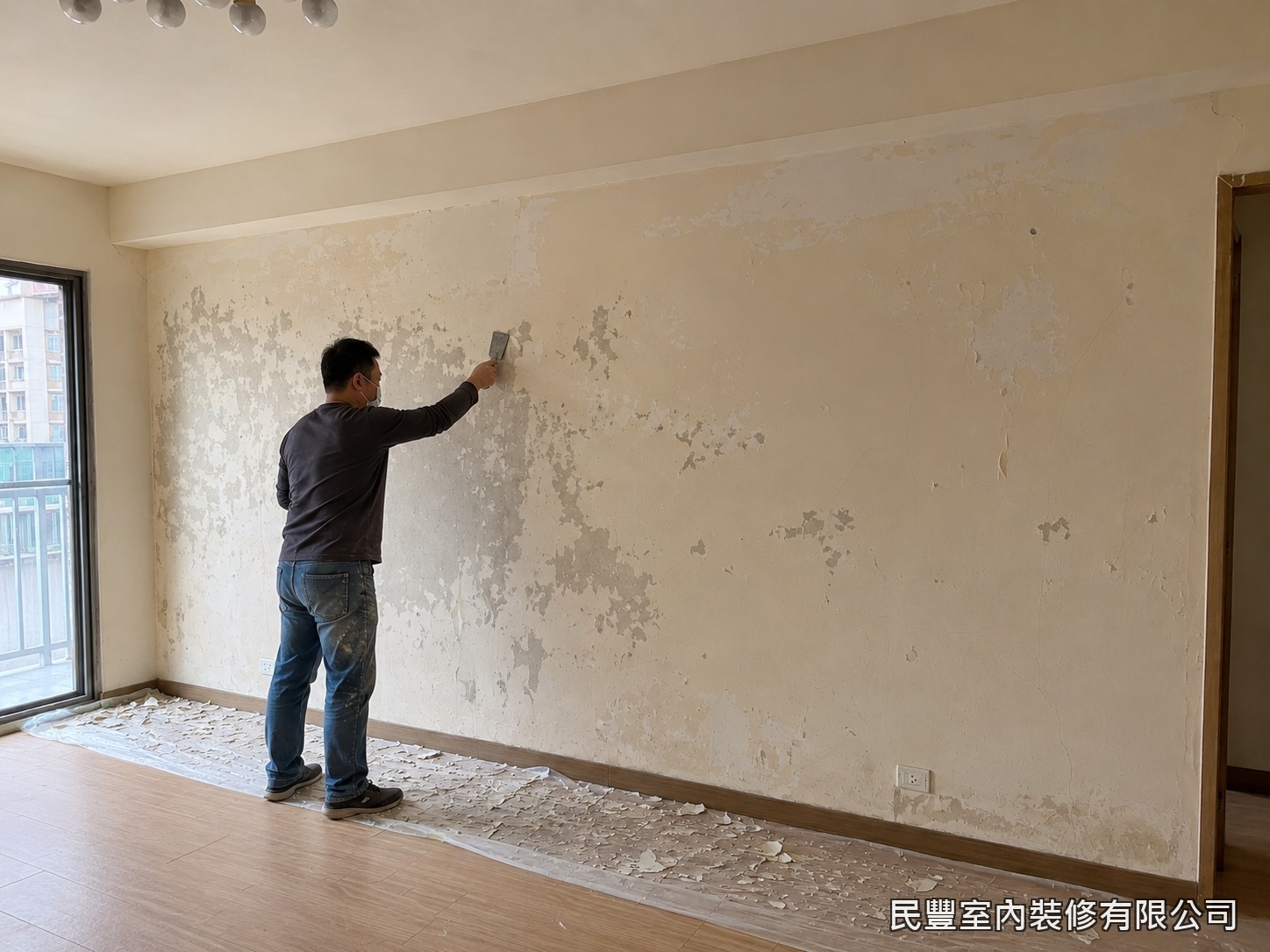 民豐室內裝修-客廳牆面批土刮除-師傅以刮刀將鬆脫漆膜與老舊批土層全面刮除見底,地坪滿鋪保護,粉塵廢料集中清理