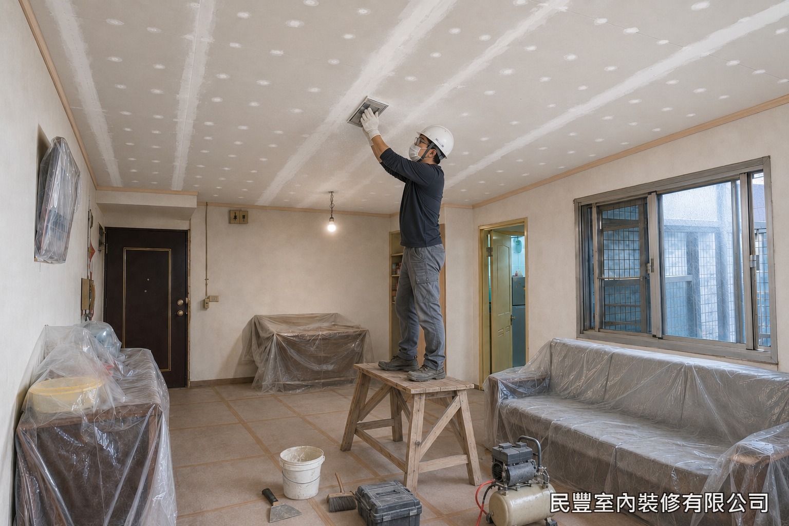 民豐室內裝修-天花板-板縫以AB膠與批土填補,乾燥後全面打磨平整,完成木作收尾,後續交由油漆工程塗裝