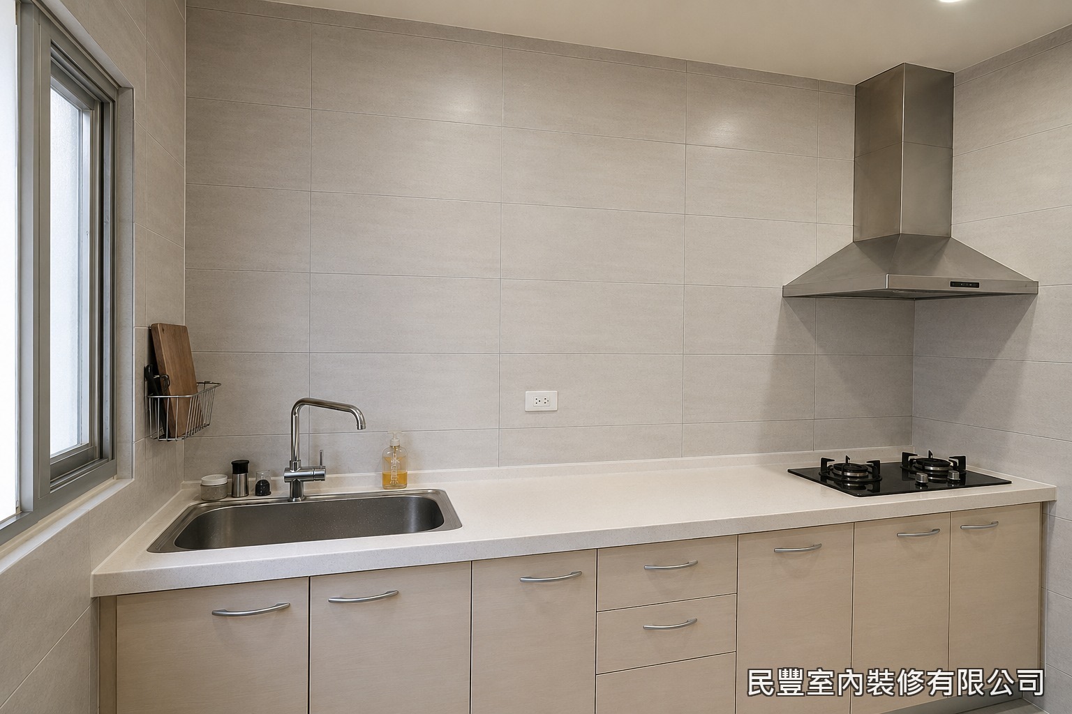 民豐室內裝修-廚房上方吊櫃-施工前的廚房現況,流理台上方壁磚牆面尚未設置吊櫃,收納空間不足。民豐團隊現場勘查牆面結構與既有設備位置,確認吊櫃尺寸與吊掛方式後展開施工