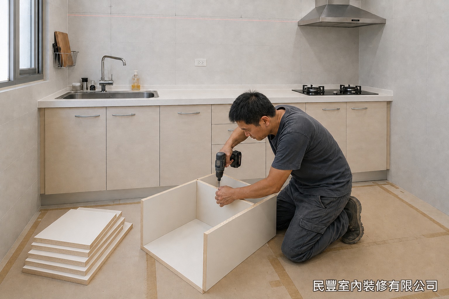 民豐室內裝修-廚房上方吊櫃-地面鋪設養生保護材後,師傅現場裁切六分木心板,將側板、頂底板與背板鎖固組立成吊櫃箱體。桶身本身即為結構,牆面不需另設角材骨架,工序乾淨俐落
