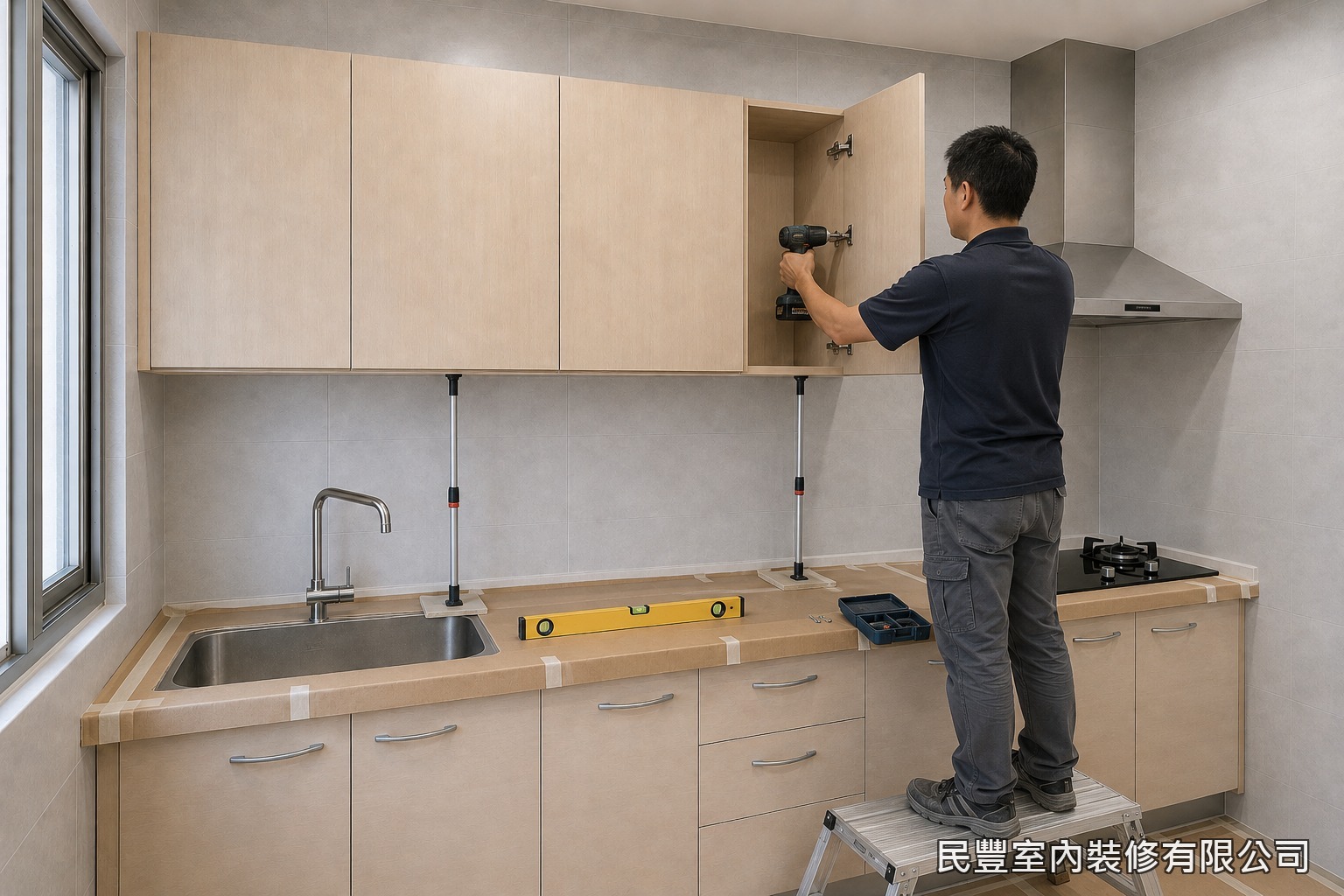 民豐室內裝修-廚房上方吊櫃-組立完成的櫃體抬升至放樣位置,靠牆水平校正後以螺絲鎖固於牆面結構,接著吊掛淺色木紋門片並調整緩衝鉸鏈,確保門片開闔順暢、縫隙均勻