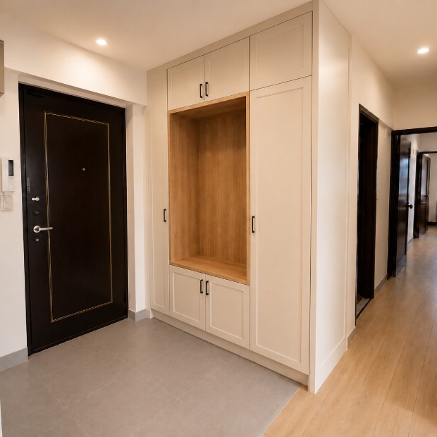 全室系統傢具裝修-完工實景，玄關全室系統傢具工程順利完工，白色系統收納牆與木紋中島完美融合，新鋪灰色磁磚地面搭配木地板走廊，整體煥然一新，業主滿意驗收