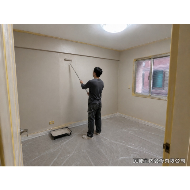 全室牆面刷漆-地面全面鋪設防護膜、門框窗框貼妥遮蔽膠帶後，以滾筒均勻塗刷底漆。底漆可封固基底、提升面漆附著力，並防止牆內鹼性物質滲出造成變色