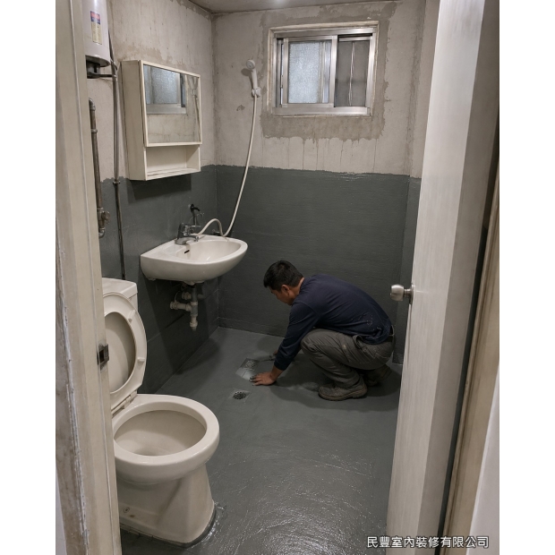 衛浴廚房雙翻新-地坪與壁面塗布防水塗料並做洩水坡度。浴室防水是老屋翻新最關鍵、最不能省的一道工序