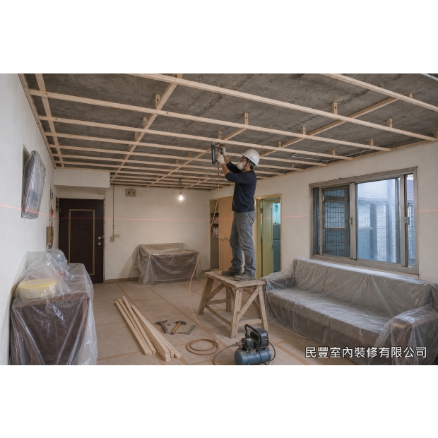 天花板-以雷射水平儀定標高並彈墨線，集成角材吊筋與主副骨架依線固定，格柵間距約30至40公分，逐一校正水平